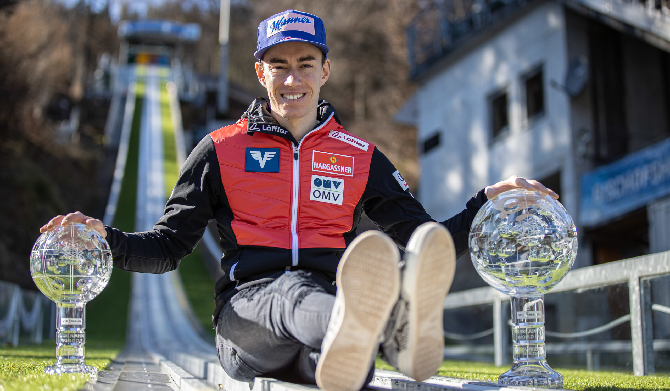 BISCHOFSHOFEN,AUSTRIA,16.MAR.20 - NORDIC SKIING, SKI JUMPING - FIS World Cup, overall World Cup photo shooting. Image shows Stefan Kraft (AUT). Keywords: trophy, crystal globe. Photo: GEPA pictures/ Harald Steiner